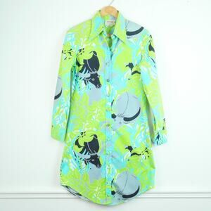 Vintage 70s Novelty Print Shirtdress Cotton Resort Vacation Thai Animals Neon XS